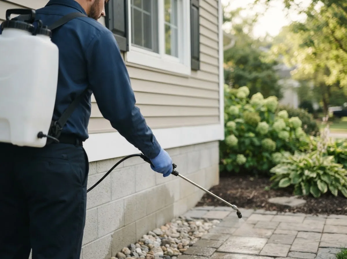 Pest control technician inspecting a home in Toano, VA